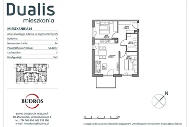 Rzut - Mieszkanie na sprzedaż 3 pokoje o powierzchni 52,1 m² - numer A14 w Dualis