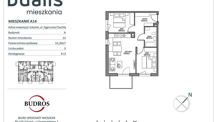 Rzut - Mieszkanie na sprzedaż 3 pokoje o powierzchni 52,1 m² - numer A14 w Dualis