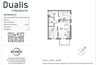 Rzut - Mieszkanie na sprzedaż 3 pokoje o powierzchni 52,18 m² - numer A17 w Dualis