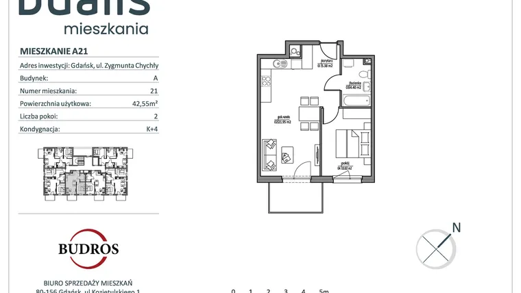 Rzut - Mieszkanie na sprzedaż 2 pokoje o powierzchni 42,45 m² - numer A21 w Dualis