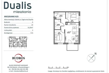 Rzut - Mieszkanie na sprzedaż 3 pokoje o powierzchni 52,26 m² - numer A23 w Dualis