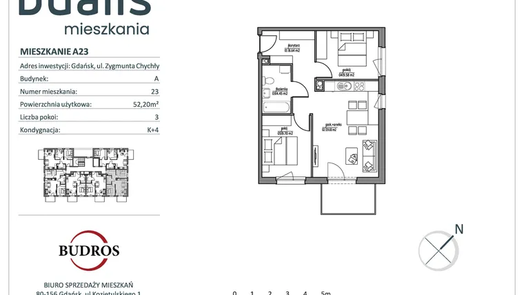 Rzut - Mieszkanie na sprzedaż 3 pokoje o powierzchni 52,26 m² - numer A23 w Dualis