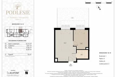 Rzut - Mieszkanie na sprzedaż 2 pokoje o powierzchni 36 m² - numer 1B.14 w Podlesie
