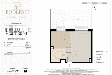 Rzut - Mieszkanie na sprzedaż 2 pokoje o powierzchni 46,37 m² - numer 1A.2 w Podlesie