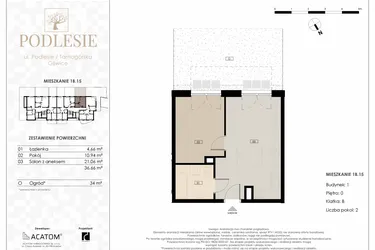 Rzut - Mieszkanie na sprzedaż 2 pokoje o powierzchni 36,66 m² - numer 1B.15 w Podlesie