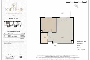 Rzut - Mieszkanie na sprzedaż 2 pokoje o powierzchni 46,4 m² - numer 1A.5 w Podlesie
