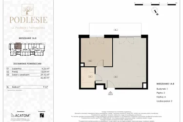 Rzut - Mieszkanie na sprzedaż 2 pokoje o powierzchni 46,4 m² - numer 1A.8 w Podlesie