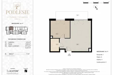 Rzut - Mieszkanie na sprzedaż 2 pokoje o powierzchni 46,4 m² - numer 1A.11 w Podlesie