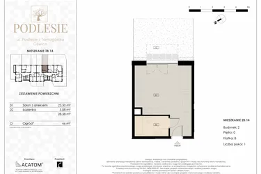 Rzut - Mieszkanie na sprzedaż 1 pokój o powierzchni 28,58 m² - numer 2B.14 w Podlesie