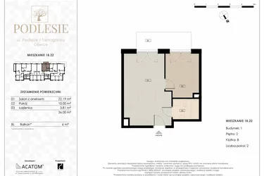 Rzut - Mieszkanie na sprzedaż 2 pokoje o powierzchni 36 m² - numer 1B.22 w Podlesie