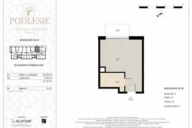 Rzut - Mieszkanie na sprzedaż 1 pokój o powierzchni 27,25 m² - numer 2B.30 w Podlesie