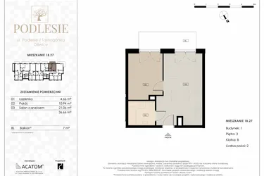 Rzut - Mieszkanie na sprzedaż 2 pokoje o powierzchni 36,66 m² - numer 1B.27 w Podlesie