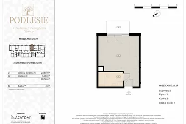 Rzut - Mieszkanie na sprzedaż 1 pokój o powierzchni 28,58 m² - numer 2B.29 w Podlesie