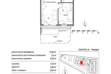 Rzut - Mieszkanie na sprzedaż 2 pokoje o powierzchni 42,35 m² - numer 1.1.1. w Dywizjonu 303