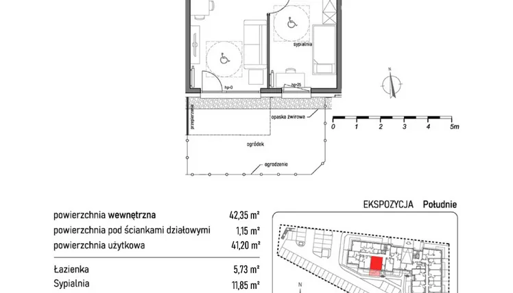 Rzut - Mieszkanie na sprzedaż 2 pokoje o powierzchni 42,35 m² - numer 1.1.1. w Dywizjonu 303