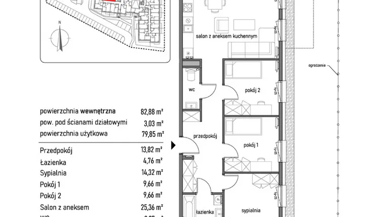 Rzut - Mieszkanie na sprzedaż 4 pokoje o powierzchni 82,88 m² - numer 1.1.4. w Dywizjonu 303