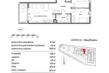 Rzut - Mieszkanie na sprzedaż 3 pokoje o powierzchni 61,74 m² - numer 1.2.1. w Dywizjonu 303