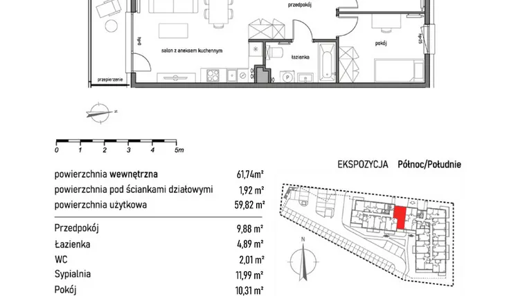 Rzut - Mieszkanie na sprzedaż 3 pokoje o powierzchni 61,74 m² - numer 1.2.1. w Dywizjonu 303