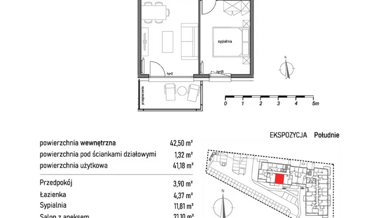 Rzut - Mieszkanie na sprzedaż 2 pokoje o powierzchni 42,5 m² - numer 1.2.3. w Dywizjonu 303