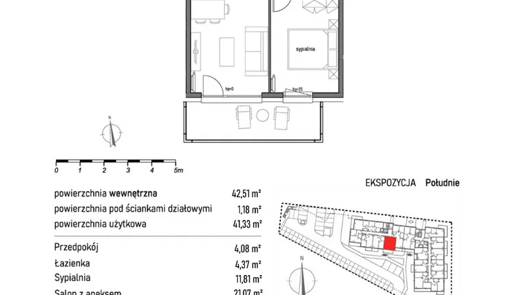 Rzut - Mieszkanie na sprzedaż 2 pokoje o powierzchni 42,51 m² - numer 1.2.2. w Dywizjonu 303