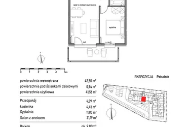 Rzut - Mieszkanie na sprzedaż 2 pokoje o powierzchni 42,5 m² - numer 1.3.2. w Dywizjonu 303
