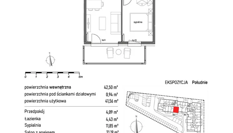 Rzut - Mieszkanie na sprzedaż 2 pokoje o powierzchni 42,5 m² - numer 1.3.2. w Dywizjonu 303