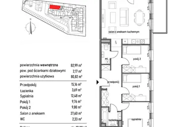Rzut - Mieszkanie na sprzedaż 4 pokoje o powierzchni 82,99 m² - numer 1.2.6. w Dywizjonu 303