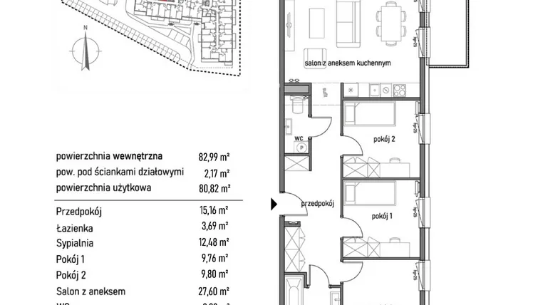 Rzut - Mieszkanie na sprzedaż 4 pokoje o powierzchni 82,99 m² - numer 1.2.6. w Dywizjonu 303