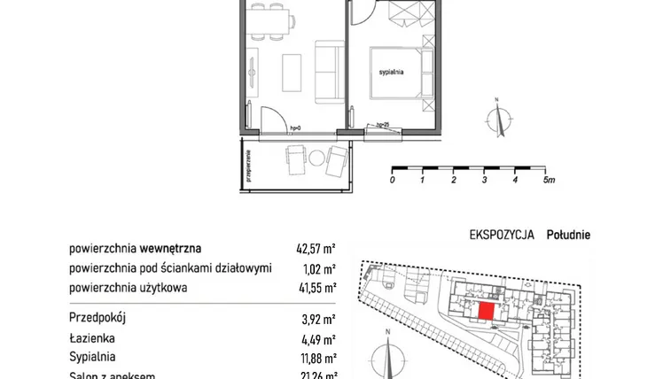 Rzut - Mieszkanie na sprzedaż 2 pokoje o powierzchni 42,57 m² - numer 1.4.3. w Dywizjonu 303