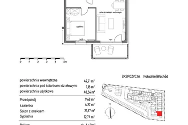 Rzut - Mieszkanie na sprzedaż 2 pokoje o powierzchni 49,71 m² - numer 2.2.6. w Dywizjonu 303