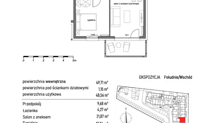 Rzut - Mieszkanie na sprzedaż 2 pokoje o powierzchni 49,71 m² - numer 2.2.6. w Dywizjonu 303