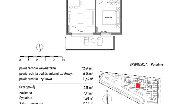 Rzut - Mieszkanie na sprzedaż 2 pokoje o powierzchni 42,64 m² - numer 1.5.2. w Dywizjonu 303