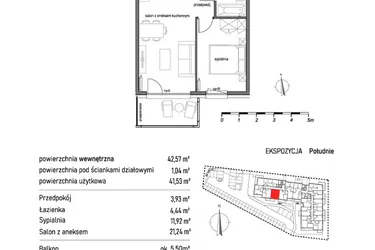 Rzut - Mieszkanie na sprzedaż 2 pokoje o powierzchni 42,57 m² - numer 1.5.3. w Dywizjonu 303