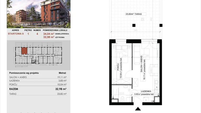 Rzut - Mieszkanie na sprzedaż 2 pokoje o powierzchni 32,98 m² - numer 4 w M|City