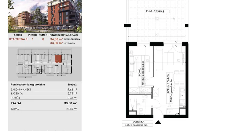Rzut - Mieszkanie na sprzedaż 2 pokoje o powierzchni 33,8 m² - numer 8 w M|City