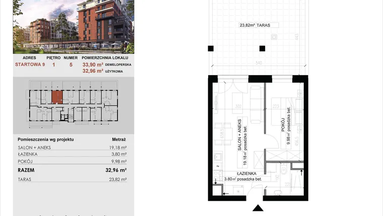 Rzut - Mieszkanie na sprzedaż 2 pokoje o powierzchni 32,96 m² - numer 5 w M|City
