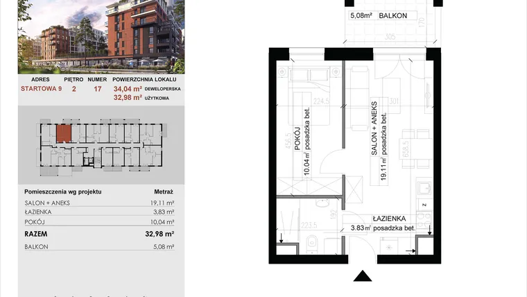 Rzut - Mieszkanie na sprzedaż 2 pokoje o powierzchni 32,98 m² - numer 17 w M|City