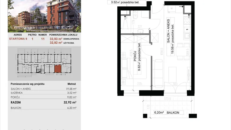 Rzut - Mieszkanie na sprzedaż 2 pokoje o powierzchni 32,92 m² - numer 11 w M|City