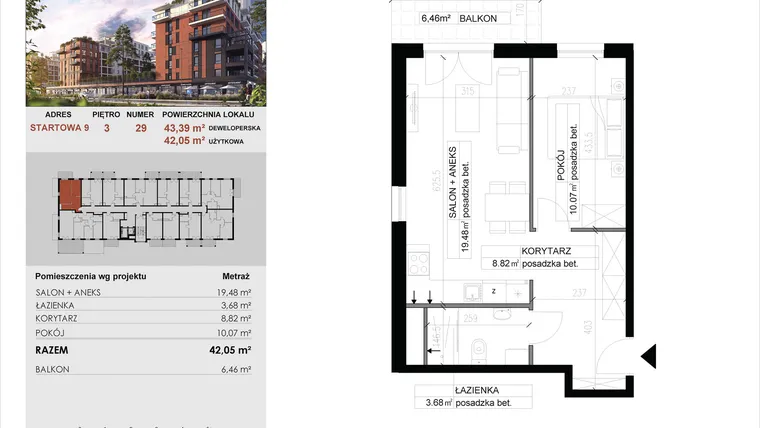 Rzut - Mieszkanie na sprzedaż 2 pokoje o powierzchni 42,05 m² - numer 29 w M|City