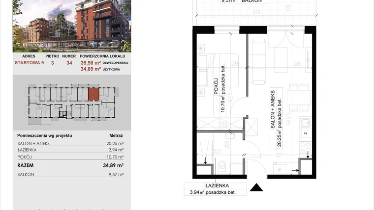 Rzut - Mieszkanie na sprzedaż 2 pokoje o powierzchni 34,89 m² - numer 34 w M|City
