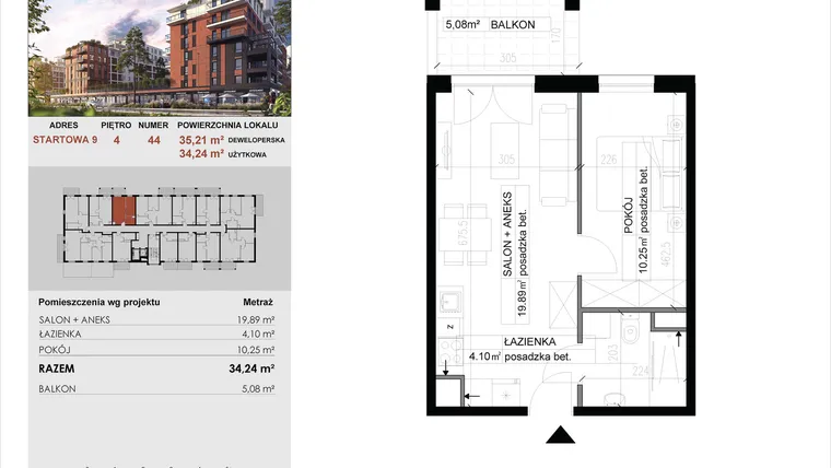 Rzut - Mieszkanie na sprzedaż 2 pokoje o powierzchni 34,24 m² - numer 44 w M|City