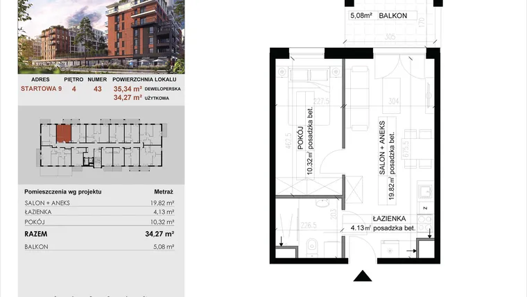 Rzut - Mieszkanie na sprzedaż 2 pokoje o powierzchni 34,27 m² - numer 43 w M|City