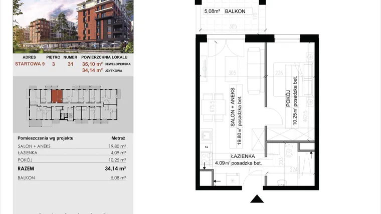Rzut - Mieszkanie na sprzedaż 2 pokoje o powierzchni 34,14 m² - numer 31 w M|City