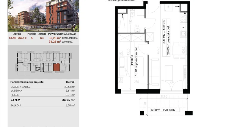Rzut - Mieszkanie na sprzedaż 2 pokoje o powierzchni 34,25 m² - numer 63 w M|City