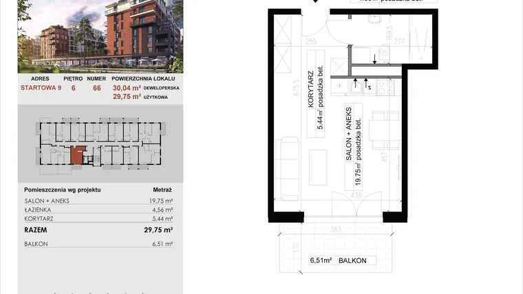 Rzut - Mieszkanie na sprzedaż 1 pokój o powierzchni 29,75 m² - numer 66 w M|City