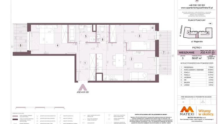 Rzut - Mieszkanie na sprzedaż 3 pokoje o powierzchni 58,67 m² - numer A.01.03 w Apartamenty Józefińska