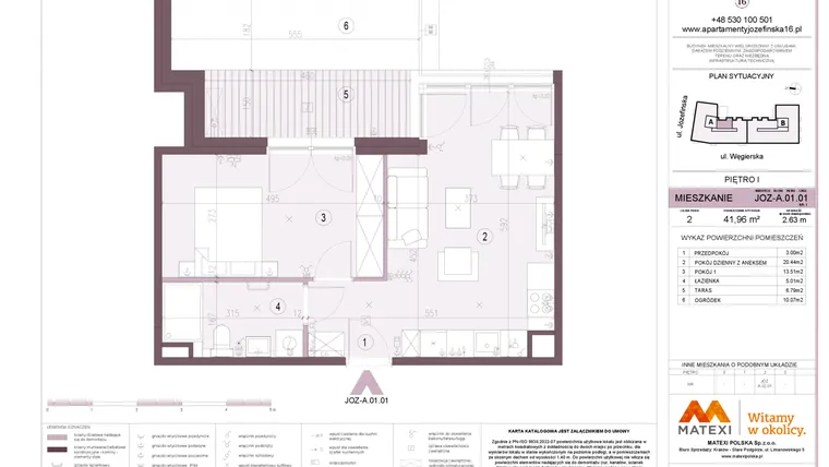 Rzut - Mieszkanie na sprzedaż 2 pokoje o powierzchni 41,96 m² - numer A.01.01 w Apartamenty Józefińska