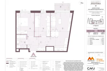 Rzut - Mieszkanie na sprzedaż 3 pokoje o powierzchni 56,93 m² - numer A.01.05 w Apartamenty Józefińska