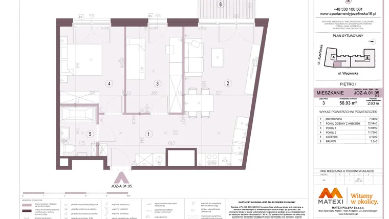 Rzut - Mieszkanie na sprzedaż 3 pokoje o powierzchni 56,93 m² - numer A.01.05 w Apartamenty Józefińska