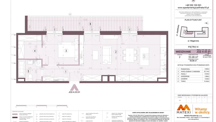 Rzut - Mieszkanie na sprzedaż 2 pokoje o powierzchni 53,46 m² - numer A.03.01 w Apartamenty Józefińska
